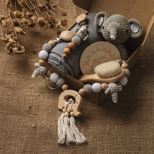 Eco, Love & Other Stuff- Baby newborn gift set - grey elephant - teether, milestone cards, brush