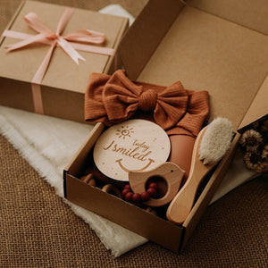 Eco, Love & Other Stuff - Baby newborn gift box. baby brush, milestone card, toys, bowtie - $49