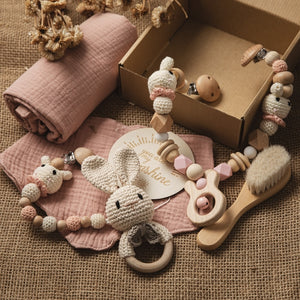 Eco, Love & Other Stuff - Baby / Newborn Gift Box - Includes baby bath towel, milestone cards, teether, rattle, baby brush - $49 instead of $59.99 - crochet bunny teether toy - pink - newborn girl