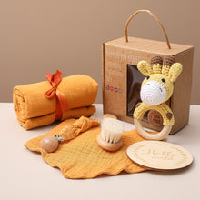 Load image into Gallery viewer, Eco, Love &amp; Other Stuff - Baby / Newborn Gift Box - Includes baby bath towel, milestone cards, teether, rattle, baby brush - $49 instead of $59.99 - GIRAFFE