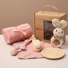 Load image into Gallery viewer, Eco, Love &amp; Other Stuff - Baby / Newborn Gift Box - Includes baby bath towel, milestone cards, teether, rattle, baby brush - $49 instead of $59.99 - bunny