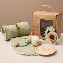 Load image into Gallery viewer, Eco, Love &amp; Other Stuff - Baby / Newborn Gift Box - Includes baby bath towel, milestone cards, teether, rattle, baby brush - $49 instead of $59.99 - dinosaur