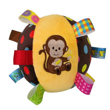 Load image into Gallery viewer, Eco, Love &amp; Other Stuff - baby&#39;s development toy - monkey on brown and yellow, soft ball - educational toy - colourful 