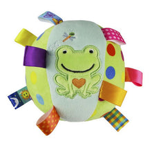 Load image into Gallery viewer, Eco, Love &amp; Other Stuff - baby&#39;s development toy - cute frog with little heart on chest, smiling and dragonfly flying by on colourful soft ball - educational toy - colourful 