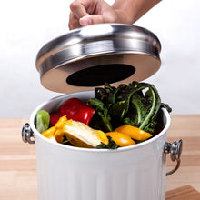 Load image into Gallery viewer, Eco, Love &amp; Other Stuff 5L kitchen compost bin, available in different colours white black and silver, made from galvanized iron, with activated charcoal filter to keep fruit flies and odours out, priced at $69.99, dont forget to use your 20% welcome discount