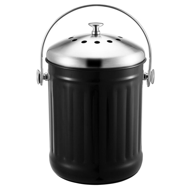 Eco, Love & Other Stuff 5L kitchen compost bin for all your food scraps, available in different colours white black and silver, made from galvanized iron, with activated charcoal filter to keep fruit flies and odours out, priced at $69.99, dont forget to use your 20% welcome discount - BLACK EDITION