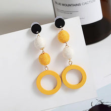 Load image into Gallery viewer, Eco, Love &amp; Other Stuff Wood Woven Hemp Rope Earrings - $ 15 only - yellow and white colours